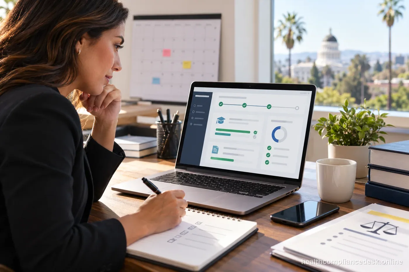 California insurance producer reviewing continuing education course records and a renewal calendar