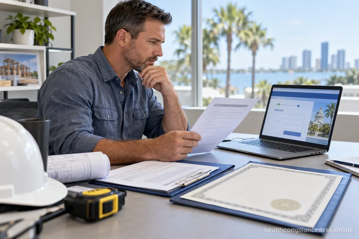 Florida small business owner checking an exemption application and state portal records at a desk