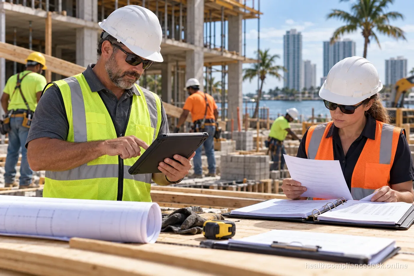 Construction site owners reviewing workers’ compensation records and job documents in Florida