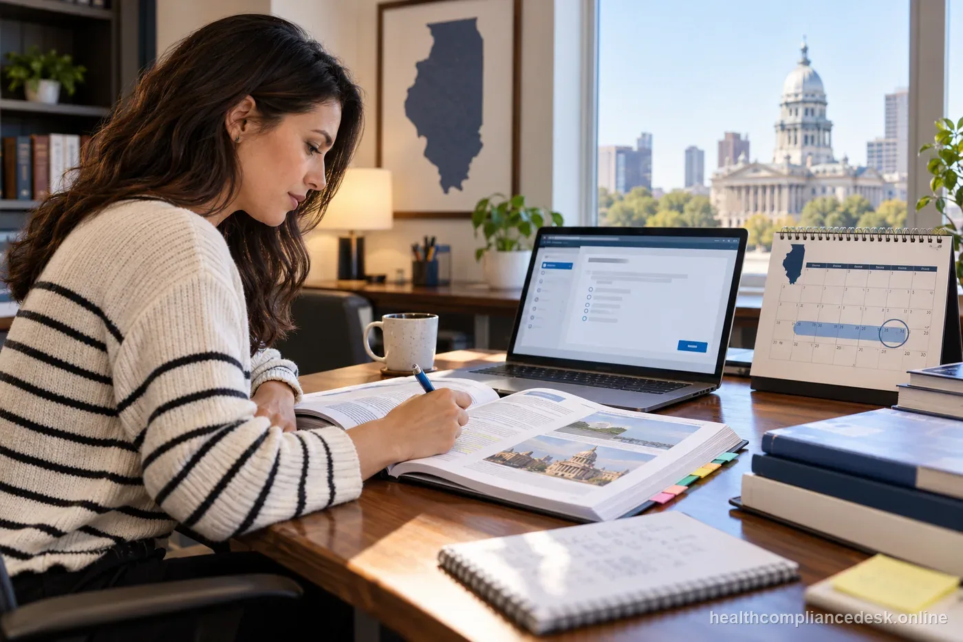 Illinois insurance producer reviewing CE course approvals and a renewal deadline calendar