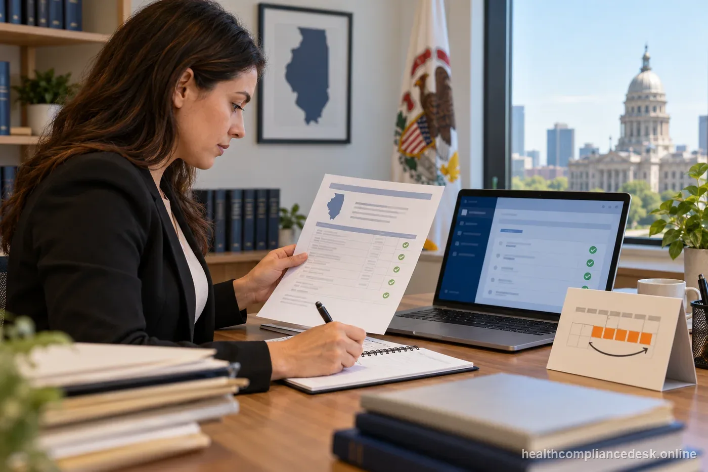 Illinois producer comparing an open-book self-study course record with a license renewal checklist