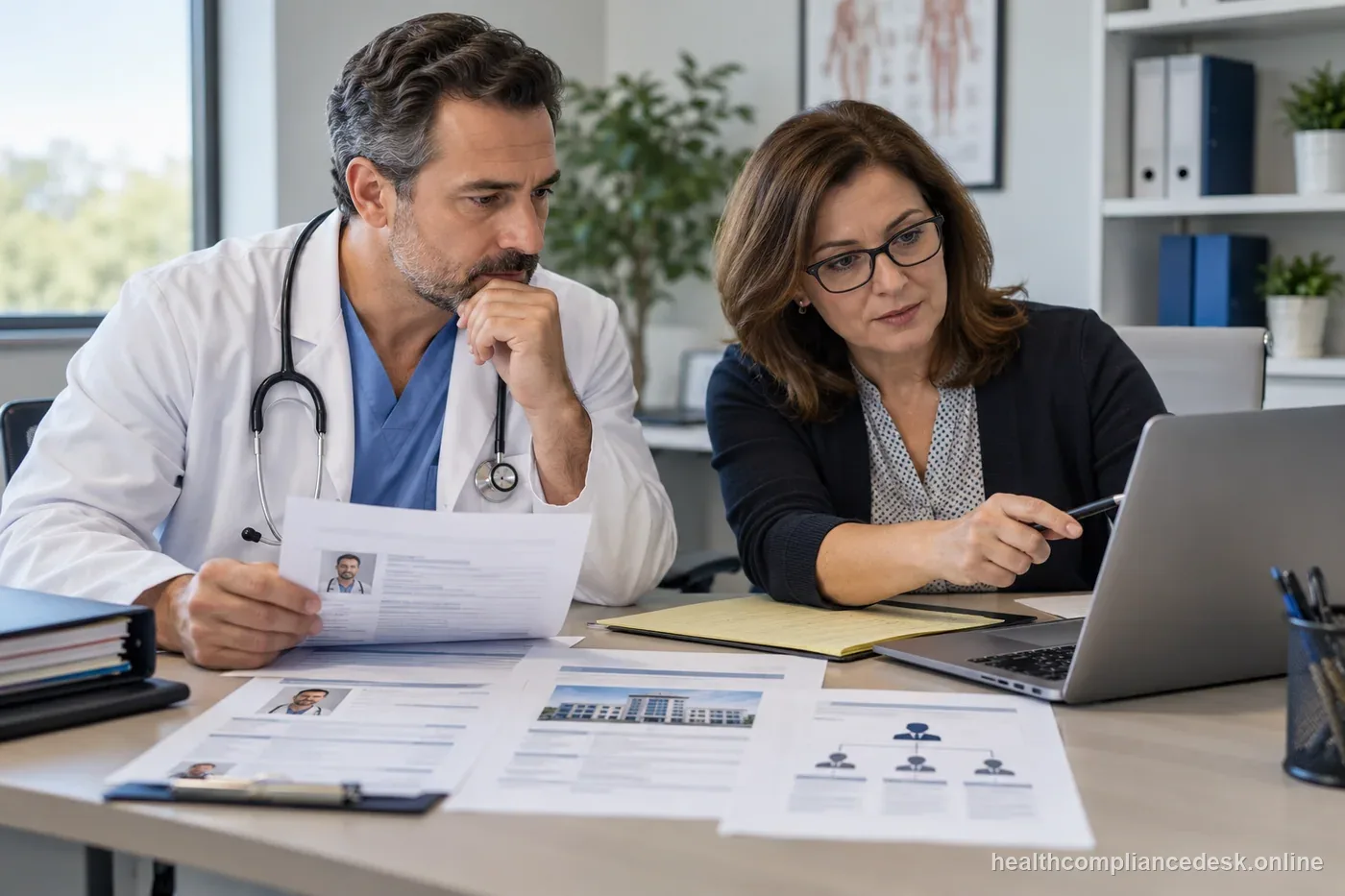 Clinician and practice administrator reviewing Medicare enrollment documents and provider details