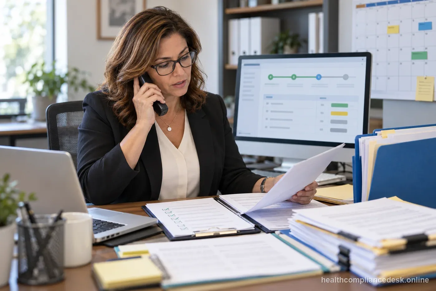 Healthcare administrator checking Medicare enrollment status and documentation on a laptop