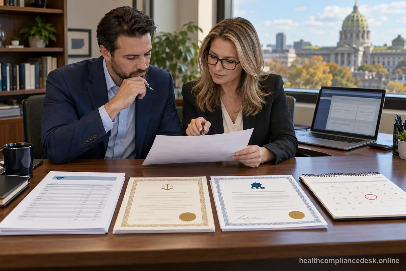 Pennsylvania insurance producer checking a Sircon transcript and two-year renewal calendar