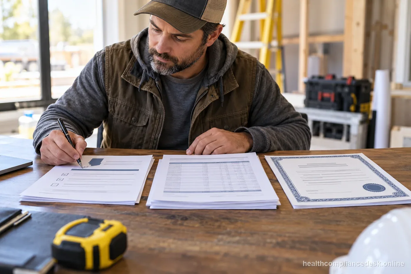 Small business owner comparing workers’ compensation policy documents with contractor paperwork