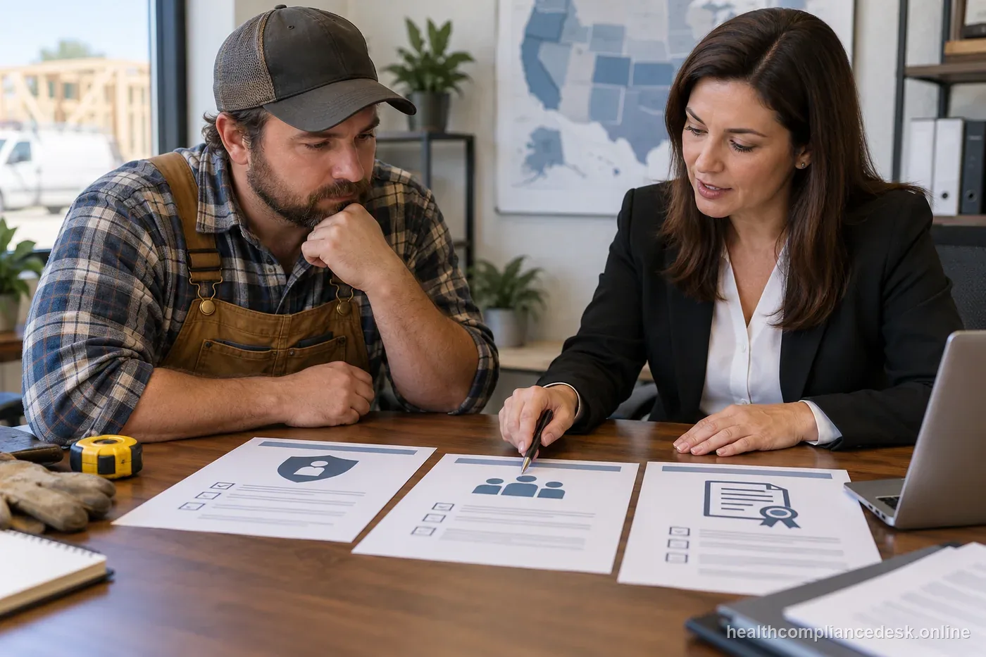 Sole proprietor reviewing state workers’ compensation rules and a business workforce list