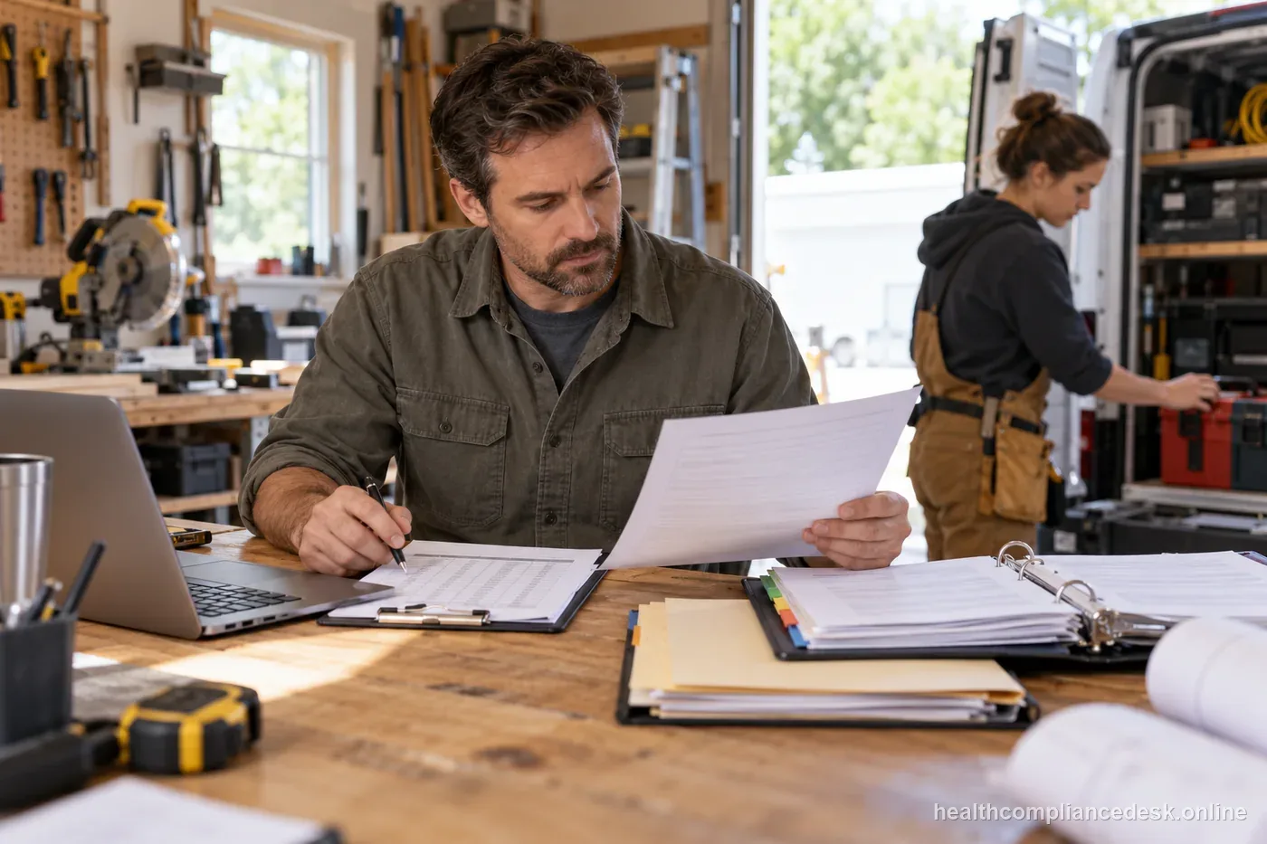 Sole proprietor and project administrator checking job coverage evidence in a workshop