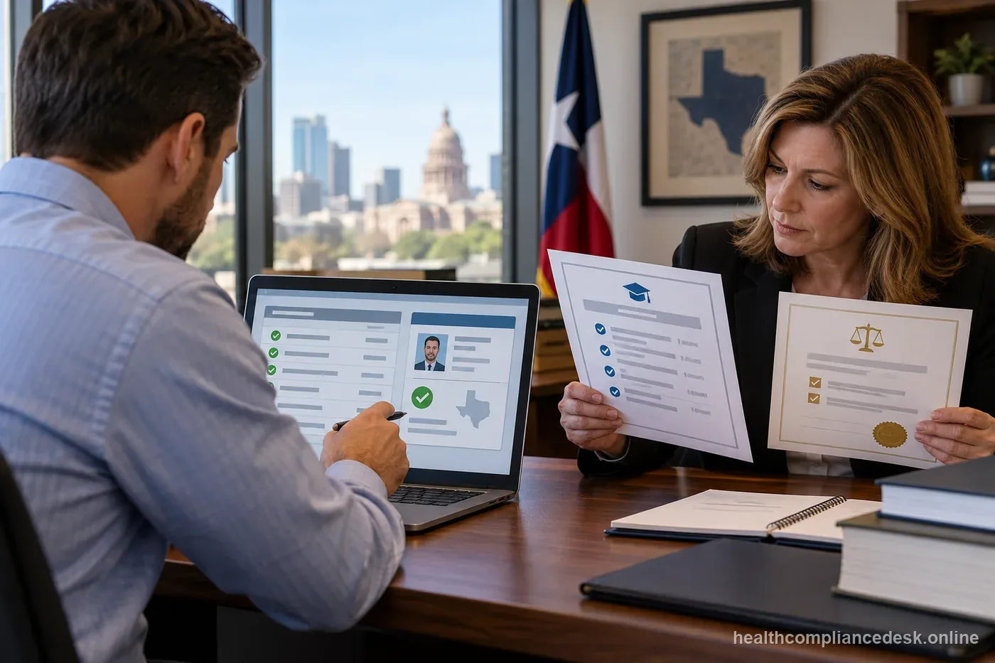 Texas insurance agent reviewing a continuing education transcript and renewal calendar