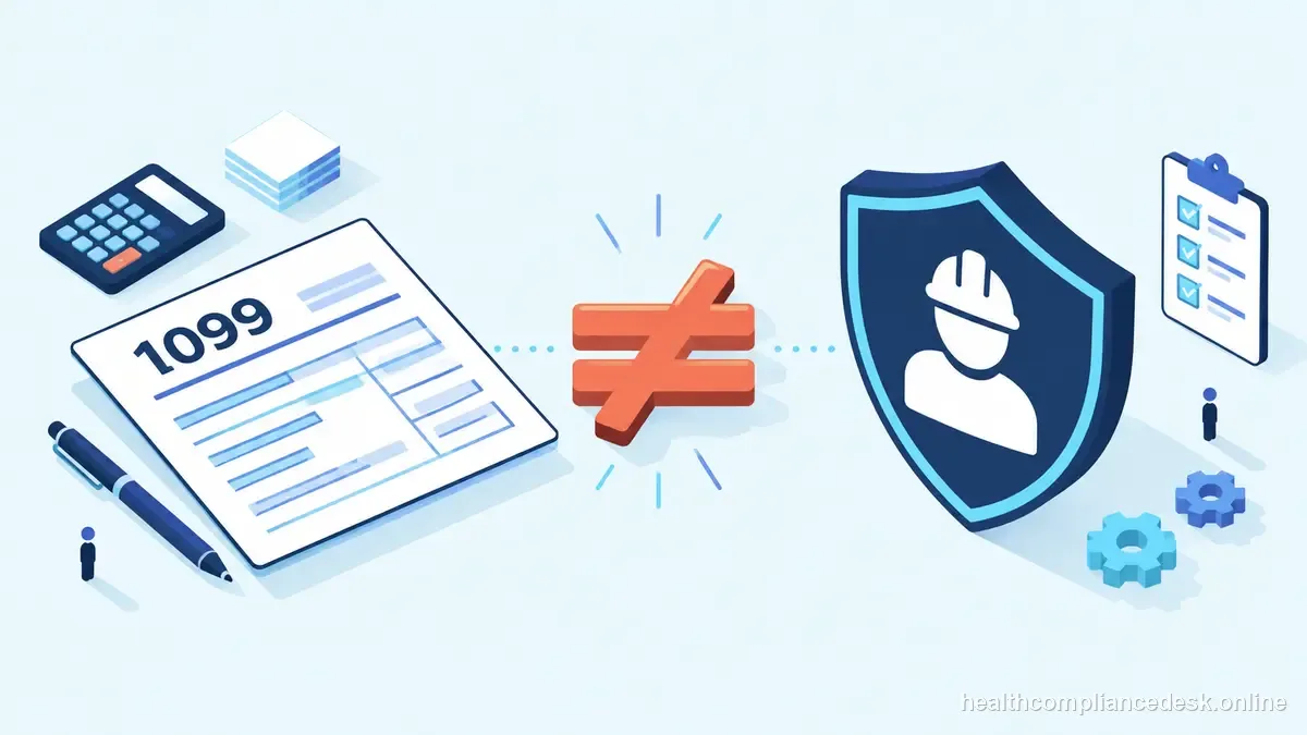 Isometric compliance illustration for “1099 Worker and Workers’ Comp: Why a Tax Form Does Not Decide Coverage” — Healthcare License & Compliance Desk
