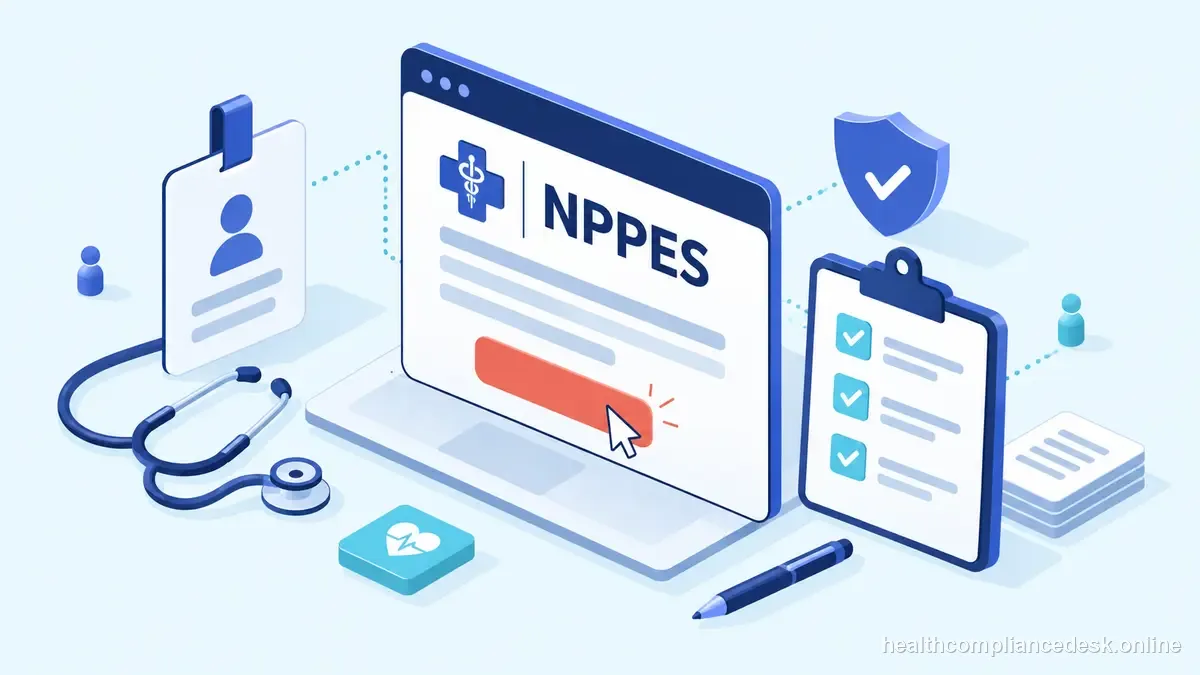 Isometric compliance illustration for “How to Apply for an NPI Through NPPES: Preparation Checklist” — Healthcare License & Compliance Desk