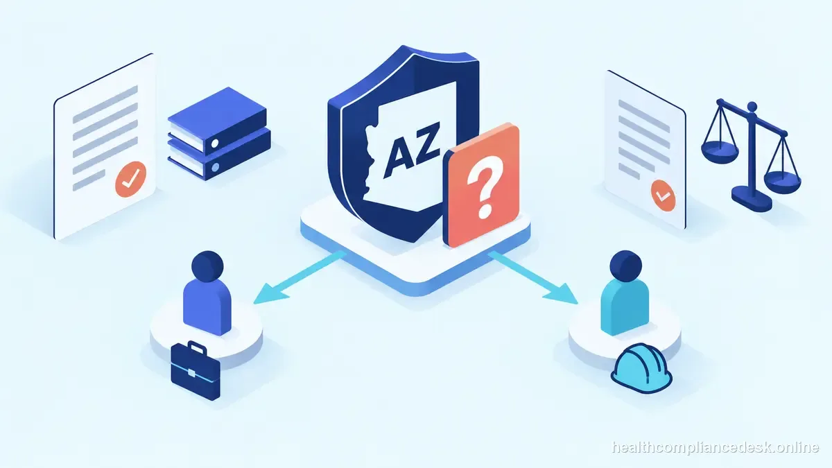 Isometric compliance illustration for “Arizona Workers’ Comp Exemption: Questions for Owners and Independent Contractors” — Healthcare License & Compliance Desk