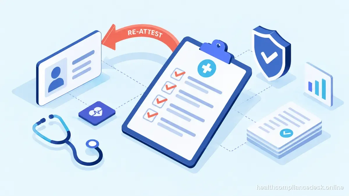 Isometric compliance illustration for “CAQH Attestation Checklist: Keep the Provider Profile Ready for Payers” — Healthcare License & Compliance Desk