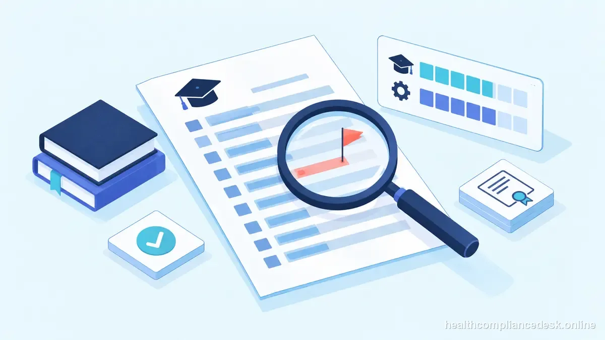 Isometric compliance illustration for “Insurance CE Transcript Audit: What to Check Before Renewal” — Healthcare License & Compliance Desk