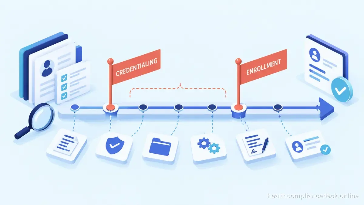 Isometric compliance illustration for “Credentialing vs Enrollment: The Difference That Prevents Workflow Confusion” — Healthcare License & Compliance Desk