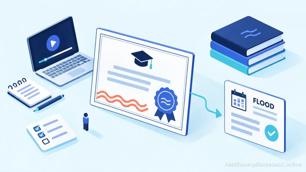 Isometric compliance illustration for “Flood Insurance Training and CE: When Product-Specific Education Applies” — Healthcare License & Compliance Desk