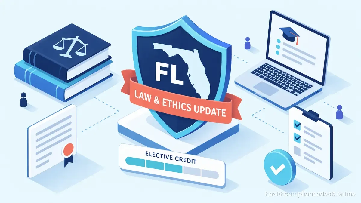 Isometric compliance illustration for “Florida Insurance CE Requirements: Law & Ethics Update and Elective Credit” — Healthcare License & Compliance Desk