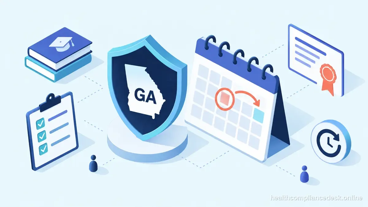 Isometric compliance illustration for “Georgia Insurance CE Requirements: Birth-Month Deadline, Ethics, and Carryover” — Healthcare License & Compliance Desk