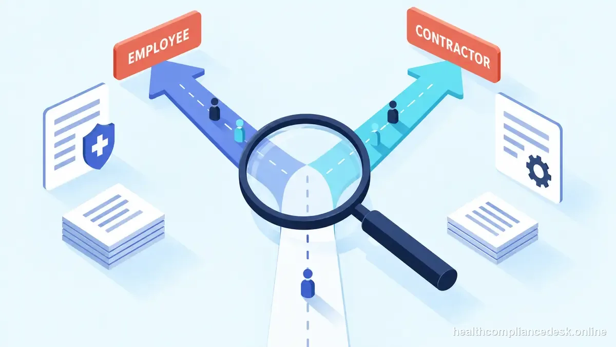 Isometric compliance illustration for “Independent Contractor Workers’ Comp Exemption: Classification Comes First” — Healthcare License & Compliance Desk