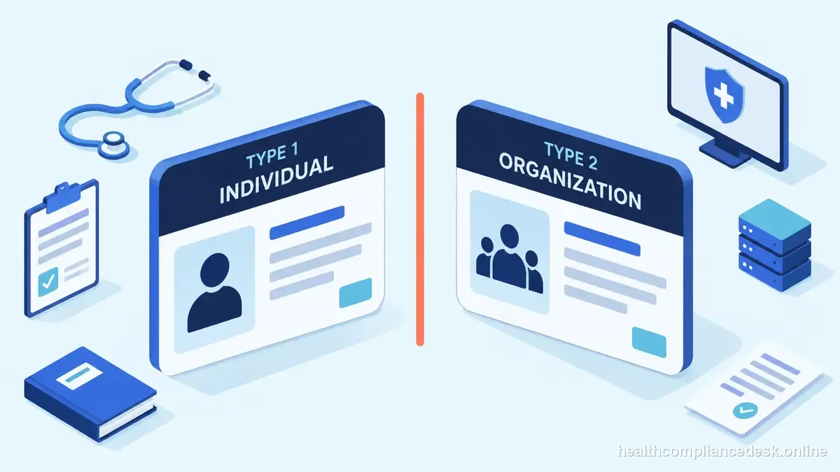 Isometric compliance illustration for “Individual vs Organization NPI: Understanding Type 1 and Type 2 Records” — Healthcare License & Compliance Desk