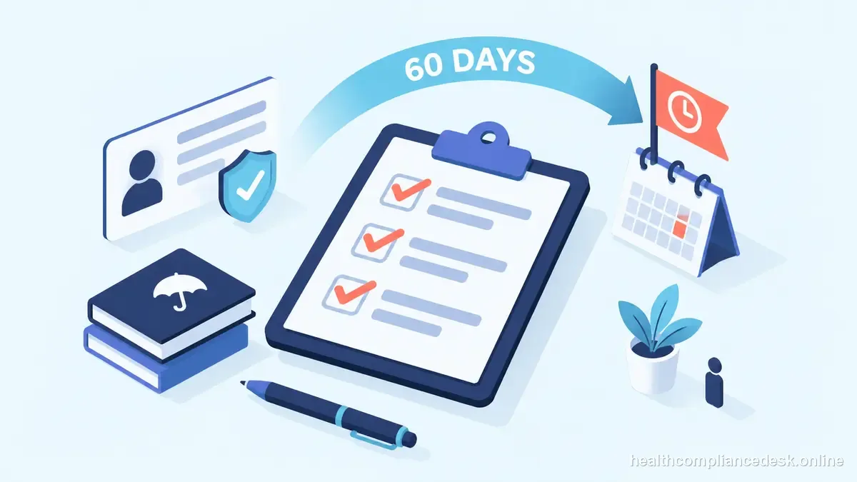 Isometric compliance illustration for “Insurance License Renewal Deadlines: A 60-Day Checklist” — Healthcare License & Compliance Desk