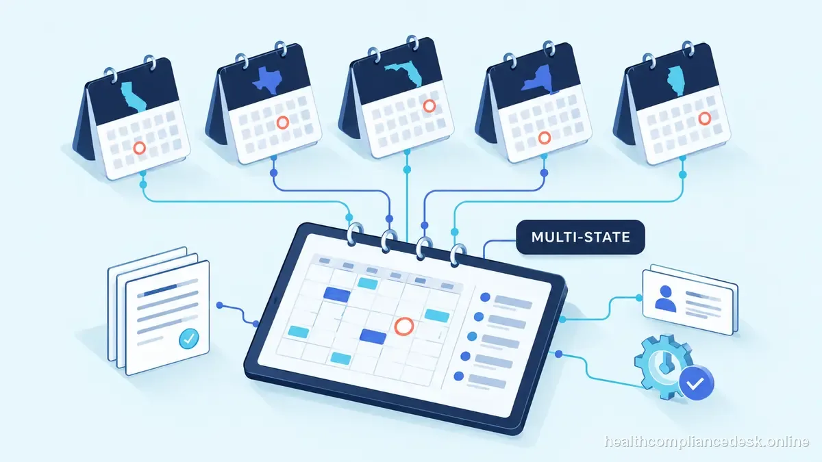 Isometric compliance illustration for “Build an Insurance License Renewal Calendar That Survives Multi-State Growth” — Healthcare License & Compliance Desk