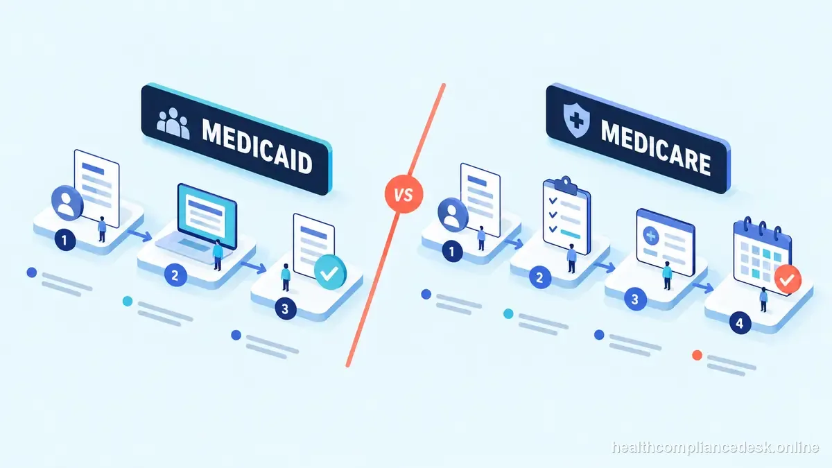 Isometric compliance illustration for “Medicaid vs Medicare Enrollment: Why the Workflows Are Different” — Healthcare License & Compliance Desk