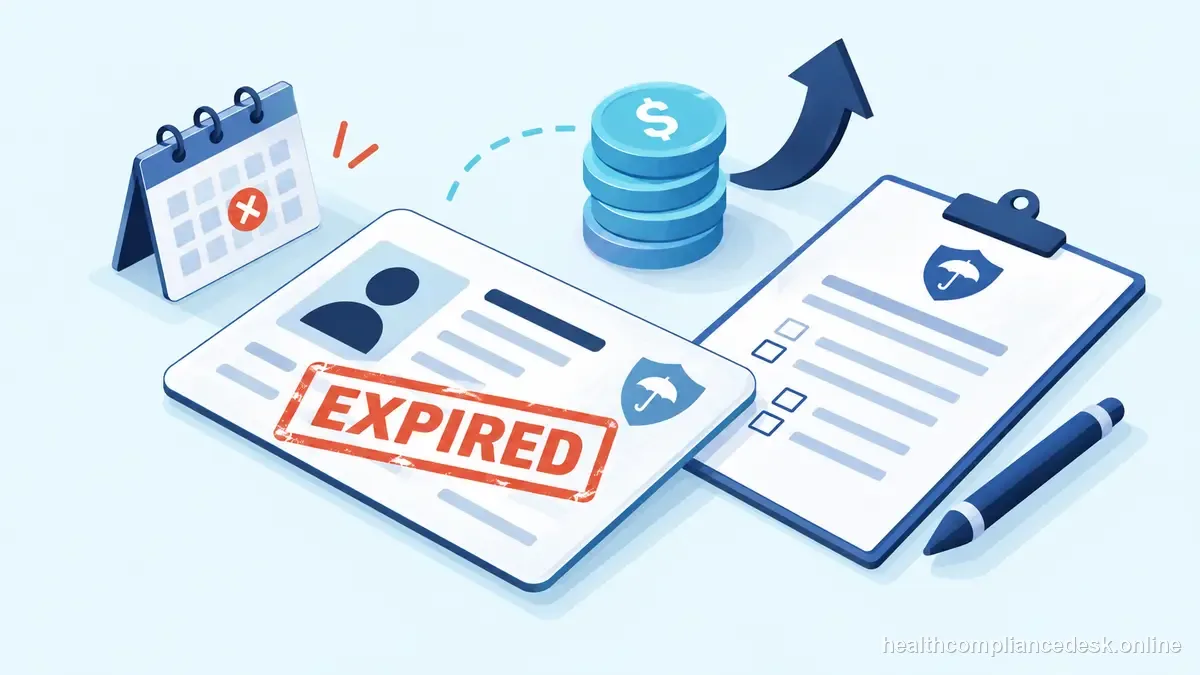 Isometric compliance illustration for “Missed Your Insurance License Renewal? What to Do Next” — Healthcare License & Compliance Desk