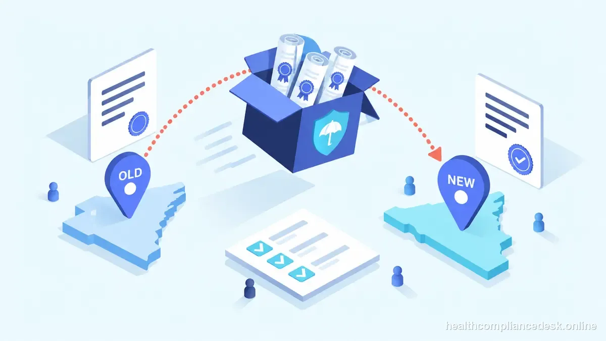 Isometric compliance illustration for “Moving to a New State as an Insurance Producer: A License Transition Checklist” — Healthcare License & Compliance Desk