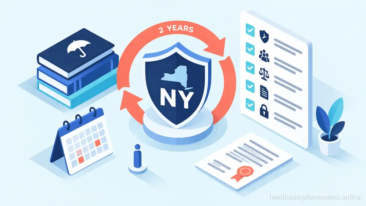 Isometric compliance illustration for “New York Insurance CE Requirements: Biennial Credits and Mandatory Topics” — Healthcare License & Compliance Desk