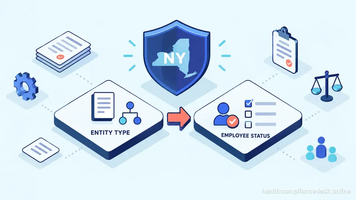 Isometric compliance illustration for “New York Workers’ Comp Owner Exemption: Start With Entity and Employee Status” — Healthcare License & Compliance Desk