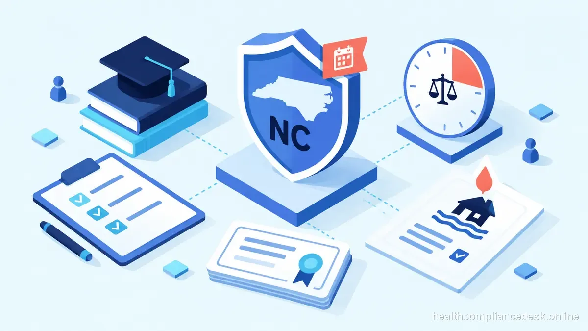 Isometric compliance illustration for “North Carolina Insurance CE Requirements: Compliance Date, Ethics, and Flood Training” — Healthcare License & Compliance Desk
