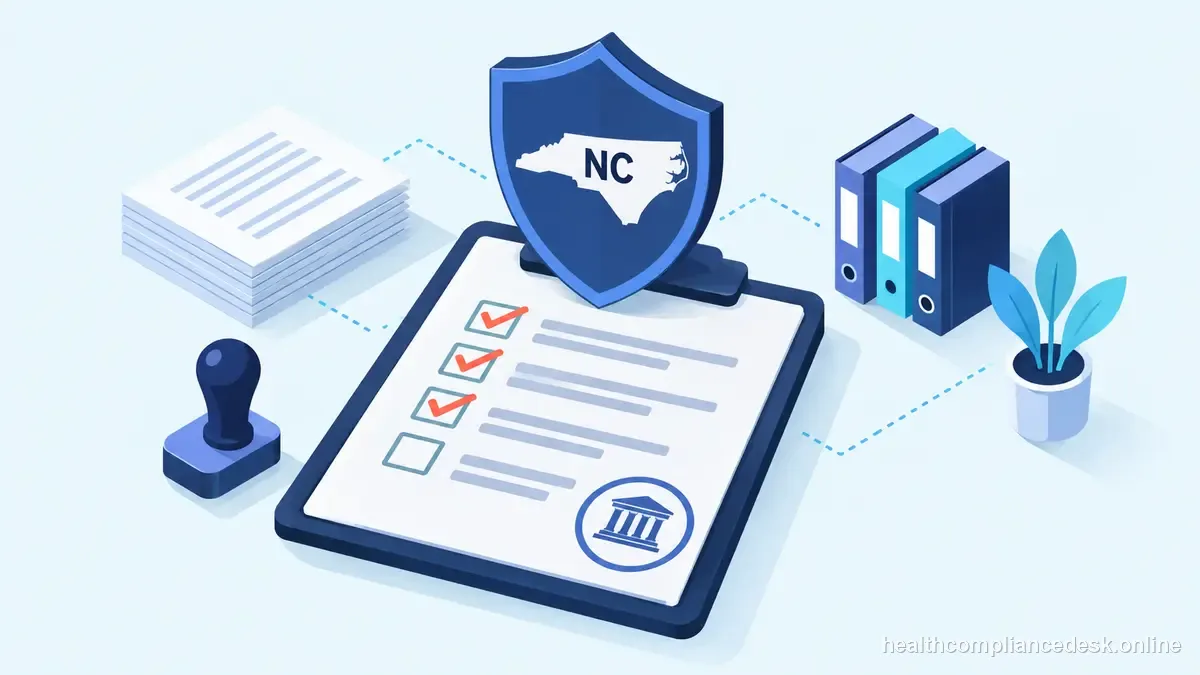 Isometric compliance illustration for “North Carolina Workers’ Comp Exemption: A State-Agency Checklist” — Healthcare License & Compliance Desk
