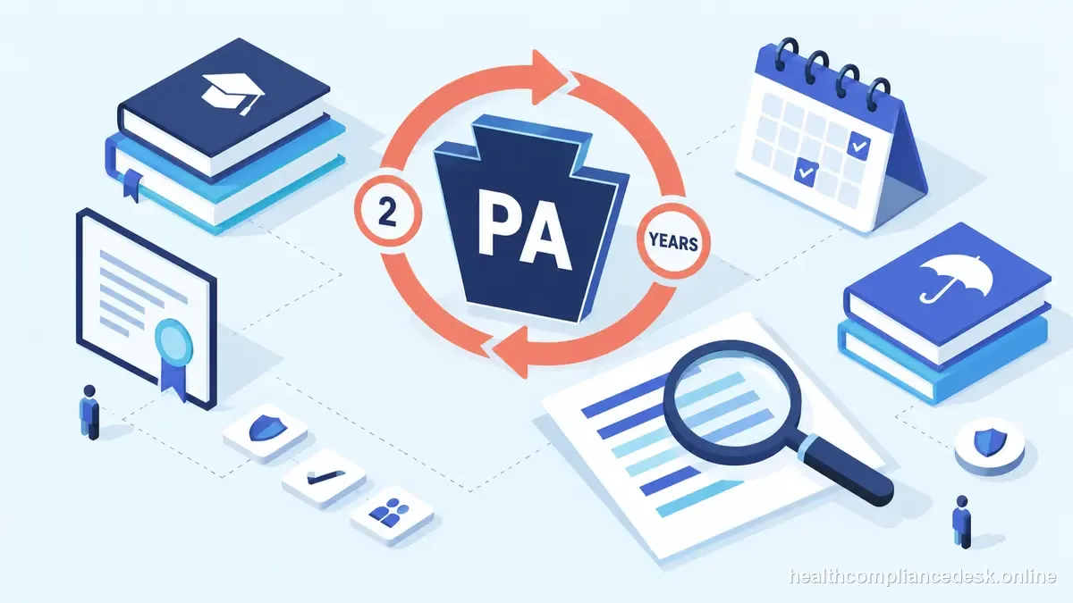 Isometric compliance illustration for “Pennsylvania Insurance CE Requirements: Two-Year Cycle and Transcript Checks” — Healthcare License & Compliance Desk