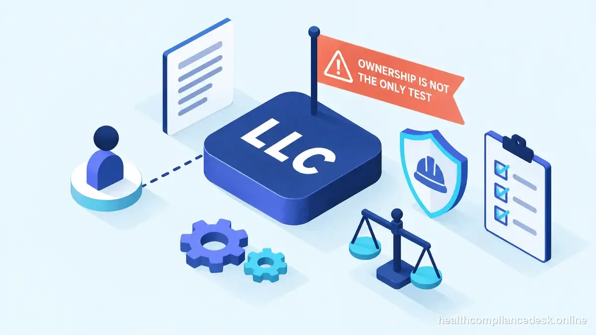 Isometric compliance illustration for “Single-Member LLC Workers’ Comp Exemption: Ownership Is Not the Only Question” — Healthcare License & Compliance Desk