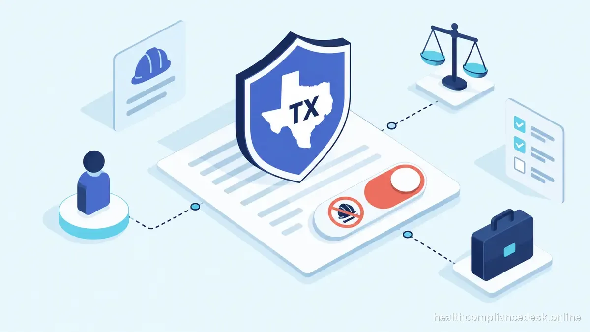 Isometric compliance illustration for “Texas Workers’ Comp Nonsubscription and Owner Questions: A Compliance Overview” — Healthcare License & Compliance Desk